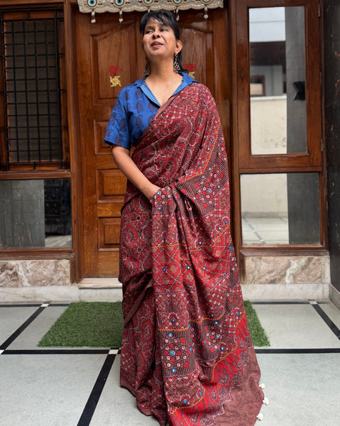 Desert Geometry- Ajrakh Hand Embroidered Cotton Saree - Naturally Dyed