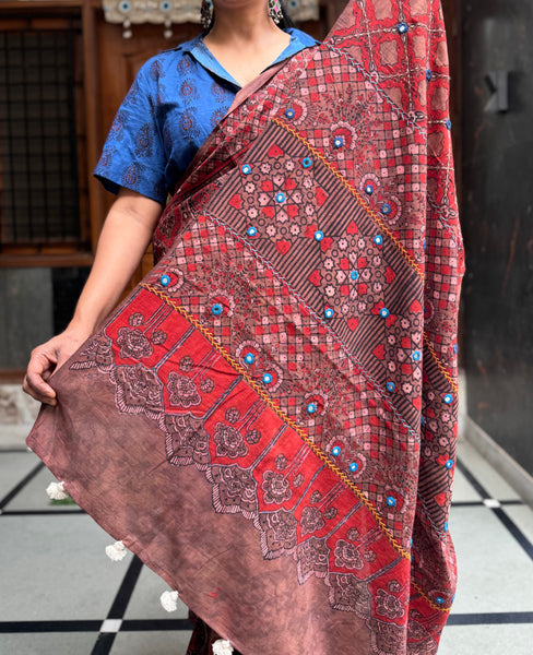 Desert Geometry- Ajrakh Hand Embroidered Cotton Saree - Naturally Dyed
