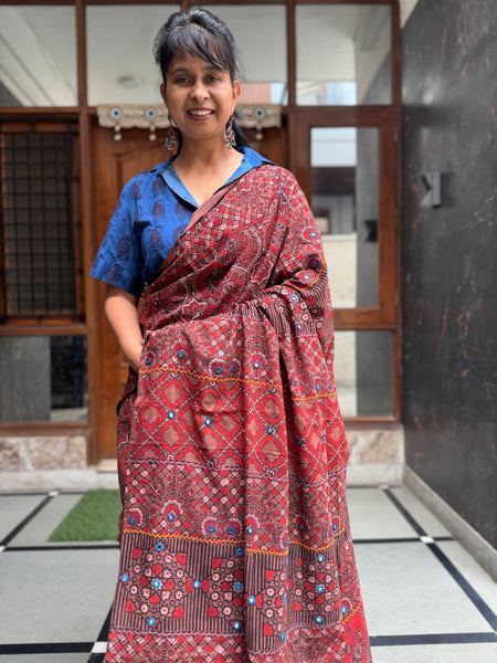 Desert Geometry- Ajrakh Hand Embroidered Cotton Saree - Naturally Dyed