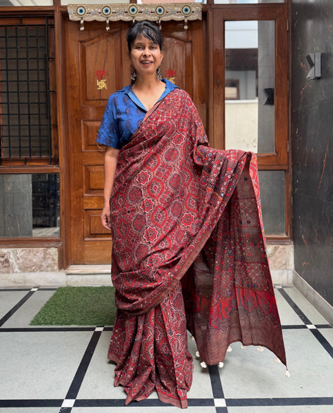 Desert Geometry- Ajrakh Hand Embroidered Cotton Saree - Naturally Dyed