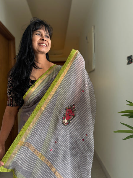 Embroidered pallu & patchwork border- kota doria saree