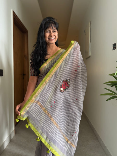 Embroidered pallu & patchwork border- kota doria saree