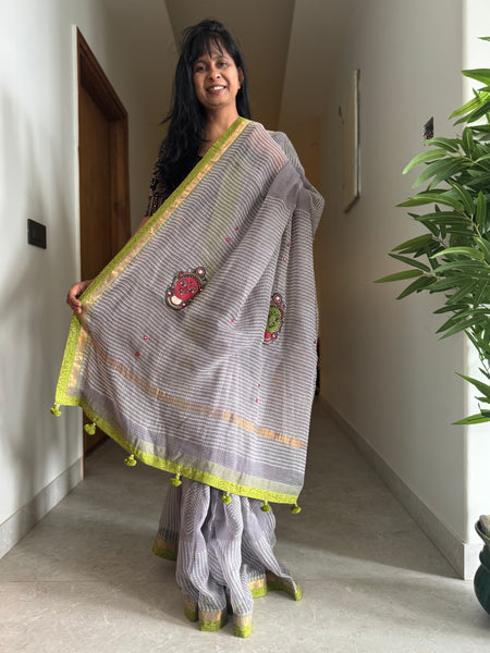 Embroidered pallu & patchwork border- kota doria saree