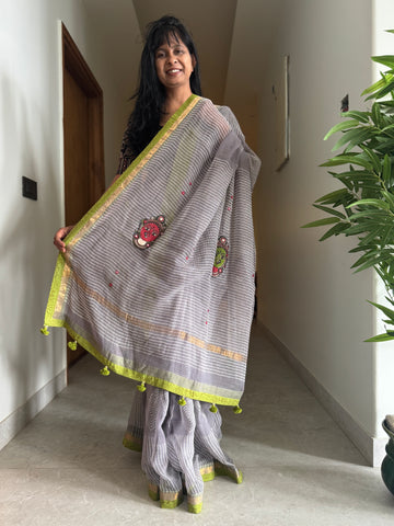 Embroidered pallu & patchwork border- kota doria saree