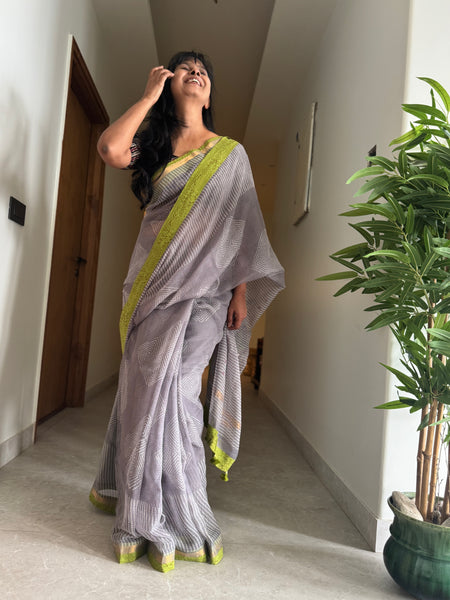 Embroidered pallu & patchwork border- kota doria saree