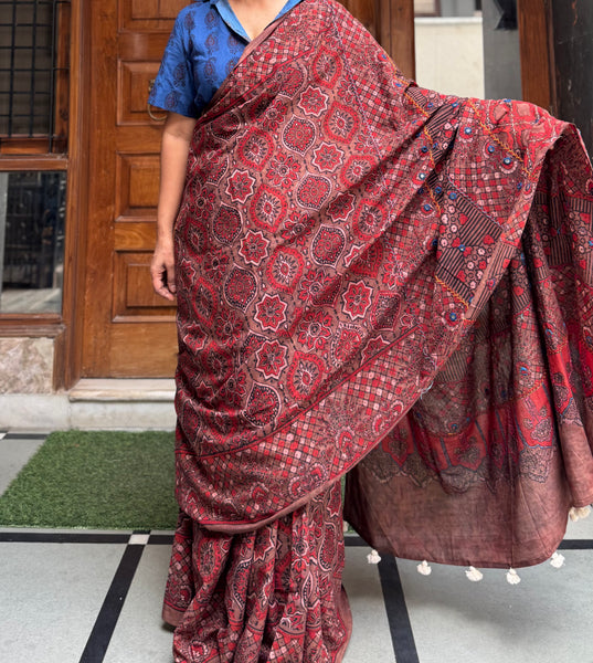 Desert Geometry- Ajrakh Hand Embroidered Cotton Saree - Naturally Dyed