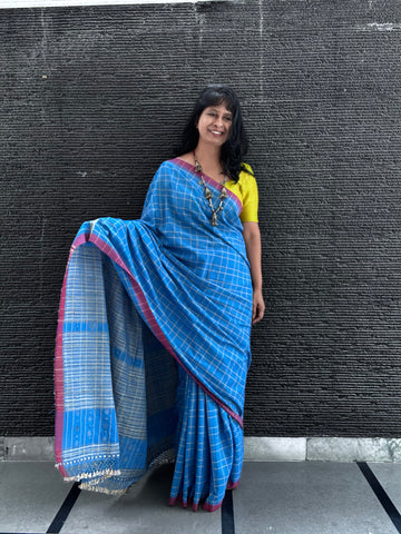 Bhujodi Cotton Saree with tussar pallu -Kavya Blue
