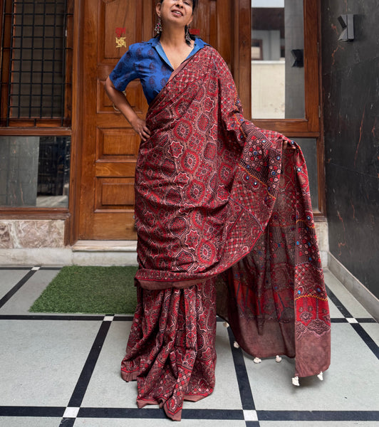 Desert Geometry- Ajrakh Hand Embroidered Cotton Saree - Naturally Dyed