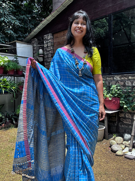 Bhujodi Cotton Saree with tussar pallu -Kavya Blue