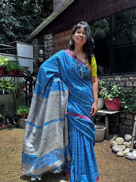 Bhujodi Cotton Saree with tussar pallu -Kavya Blue