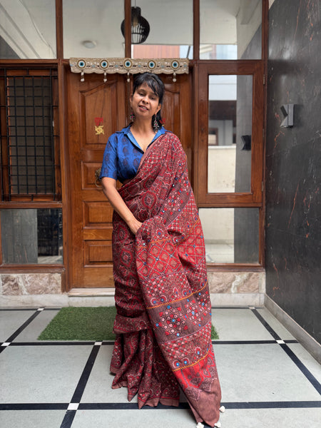 Desert Geometry- Ajrakh Hand Embroidered Cotton Saree - Naturally Dyed