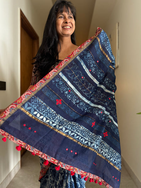 Embroidered Pallu & Kalamkari Patchwork Border- Cotton Silk Block Printed Saree