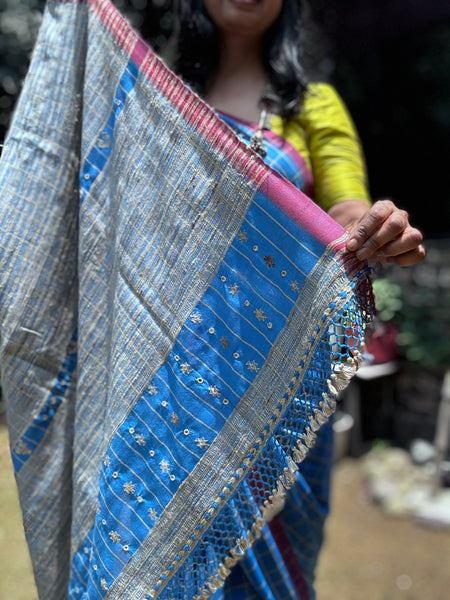 Bhujodi Cotton Saree with tussar pallu -Kavya Blue