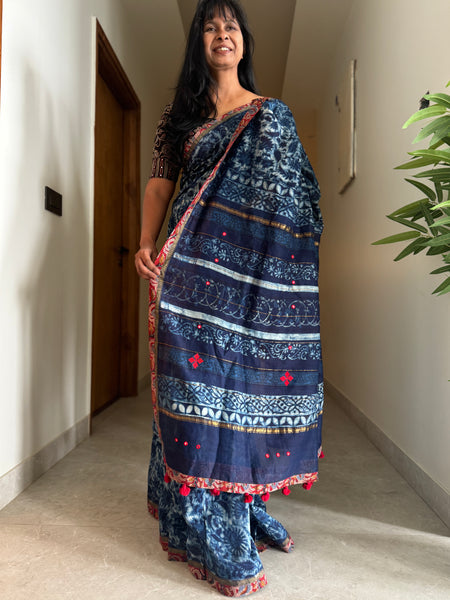 Embroidered Pallu & Kalamkari Patchwork Border- Cotton Silk Block Printed Saree