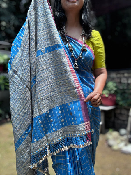 Bhujodi Cotton Saree with tussar pallu -Kavya Blue