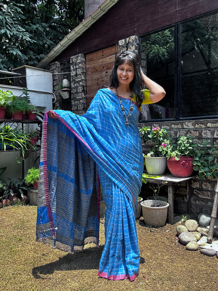 Bhujodi Cotton Saree with tussar pallu -Kavya Blue