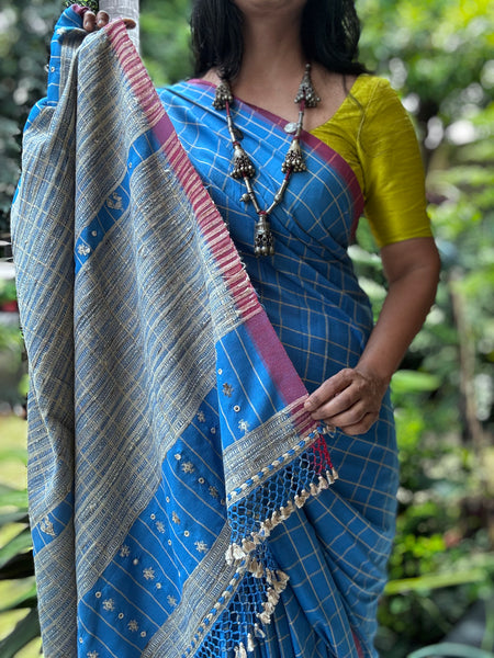 Bhujodi Cotton Saree with tussar pallu -Kavya Blue
