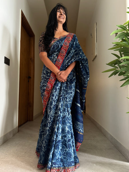 Embroidered Pallu & Kalamkari Patchwork Border- Cotton Silk Block Printed Saree