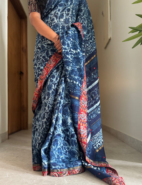 Embroidered Pallu & Kalamkari Patchwork Border- Cotton Silk Block Printed Saree