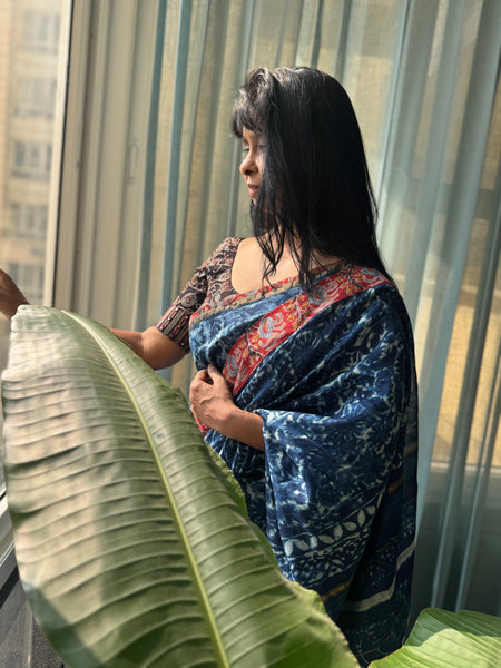 Embroidered Pallu & Kalamkari Patchwork Border- Cotton Silk Block Printed Saree