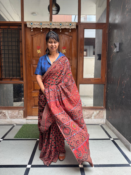 Desert Geometry- Ajrakh Hand Embroidered Cotton Saree - Naturally Dyed