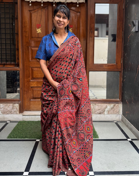 Desert Geometry- Ajrakh Hand Embroidered Cotton Saree - Naturally Dyed