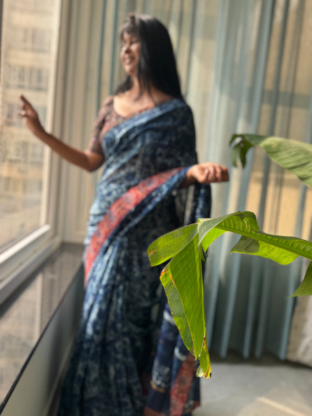 Embroidered Pallu & Kalamkari Patchwork Border- Cotton Silk Block Printed Saree