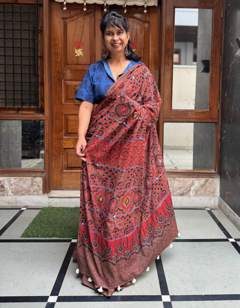Desert Geometry- Ajrakh Hand Embroidered Cotton Saree - Naturally Dyed