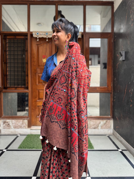 Desert Geometry- Ajrakh Hand Embroidered Cotton Saree - Naturally Dyed