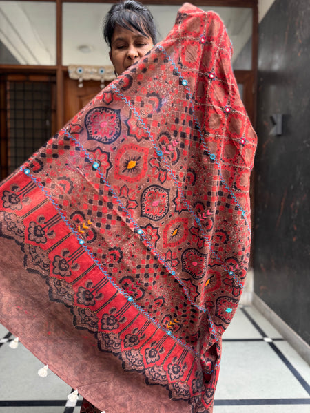Desert Geometry- Ajrakh Hand Embroidered Cotton Saree - Naturally Dyed