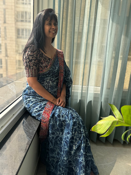 Embroidered Pallu & Kalamkari Patchwork Border- Cotton Silk Block Printed Saree