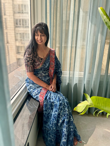 Embroidered Pallu & Kalamkari Patchwork Border- Cotton Silk Block Printed Saree