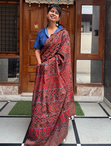 Desert Geometry- Ajrakh Hand Embroidered Cotton Saree - Naturally Dyed