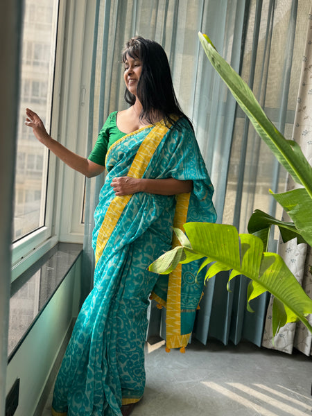 Embroidered Pallu & Soft Ikkat Patchwork Border- Cotton Silk Block Printed Saree