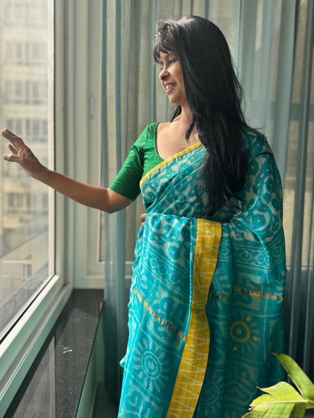 Embroidered Pallu & Soft Ikkat Patchwork Border- Cotton Silk Block Printed Saree