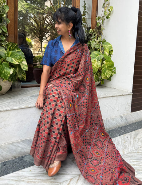 Desert Geometry- Ajrakh Hand Embroidered Cotton Saree - Naturally Dyed