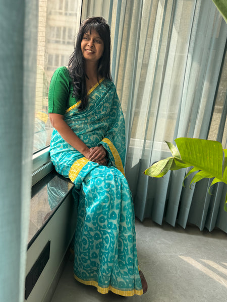 Embroidered Pallu & Soft Ikkat Patchwork Border- Cotton Silk Block Printed Saree