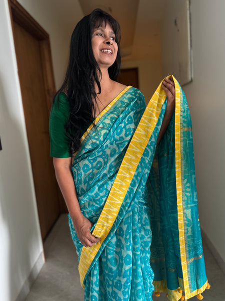 Embroidered Pallu & Soft Ikkat Patchwork Border- Cotton Silk Block Printed Saree