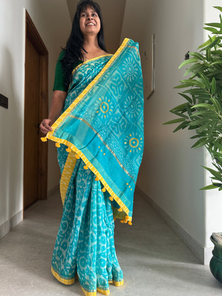 Embroidered Pallu & Soft Ikkat Patchwork Border- Cotton Silk Block Printed Saree