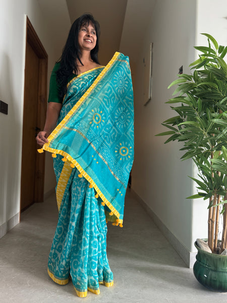 Embroidered Pallu & Soft Ikkat Patchwork Border- Cotton Silk Block Printed Saree
