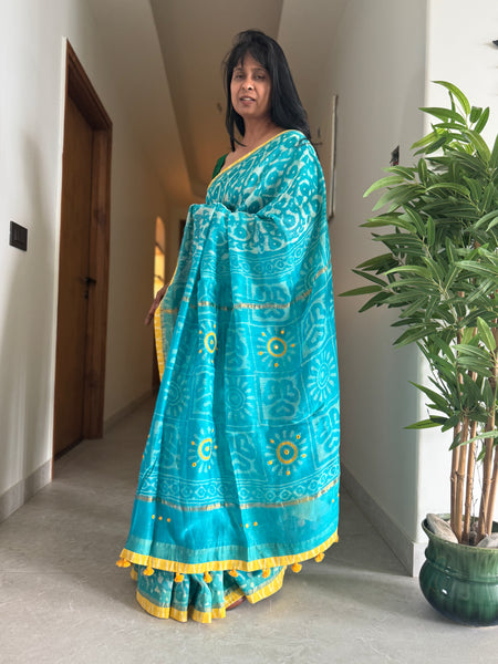 Embroidered Pallu & Soft Ikkat Patchwork Border- Cotton Silk Block Printed Saree