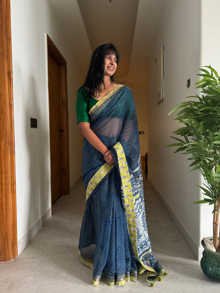 Best Seller Indigo -Embroidered pallu & patchwork border- kota doria sare