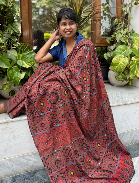 Desert Geometry- Ajrakh Hand Embroidered Cotton Saree - Naturally Dyed