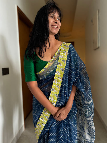 Best Seller Indigo -Embroidered pallu & patchwork inner border- kota doria saree