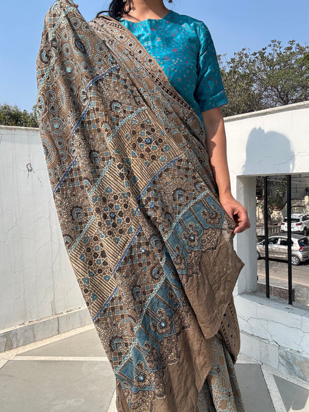 Desert Geometry- Ajrakh Hand Embroidered Cotton Saree - Naturally Dyed