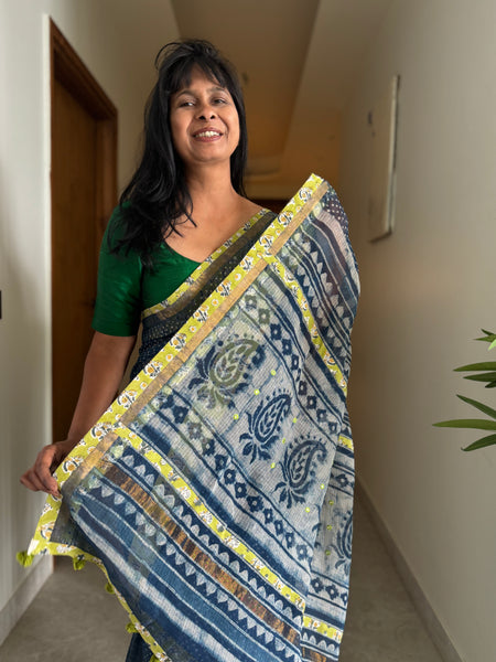 Best Seller Indigo -Embroidered pallu & patchwork inner border- kota doria saree