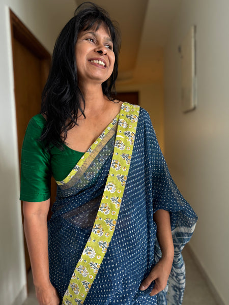 Best Seller Indigo -Embroidered pallu & patchwork border- kota doria sare