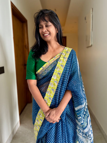 Best Seller Indigo -Embroidered pallu & patchwork border- kota doria sare