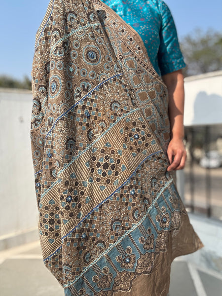 Desert Geometry- Ajrakh Hand Embroidered Cotton Saree - Naturally Dyed