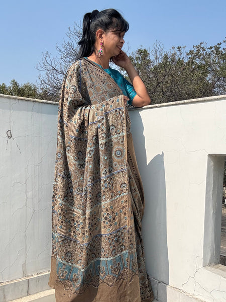 Desert Geometry- Ajrakh Hand Embroidered Cotton Saree - Naturally Dyed